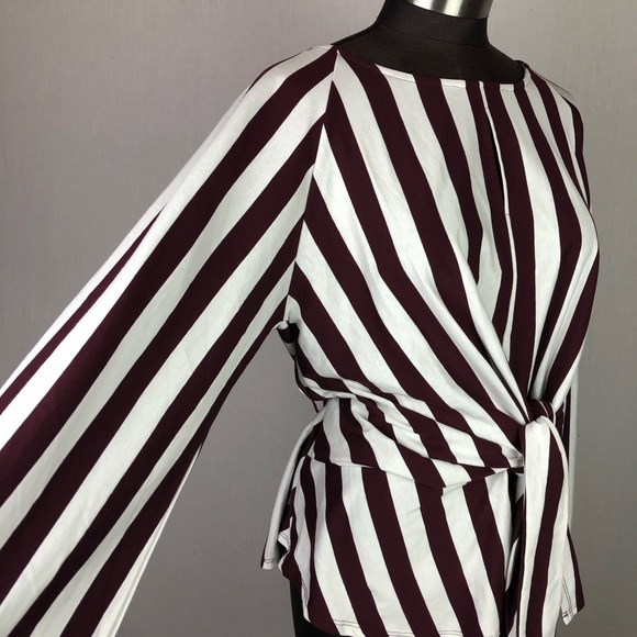 Jodifl Red Striped Bell Sleeve Tie Peplum Blouse - Picture 3 of 8